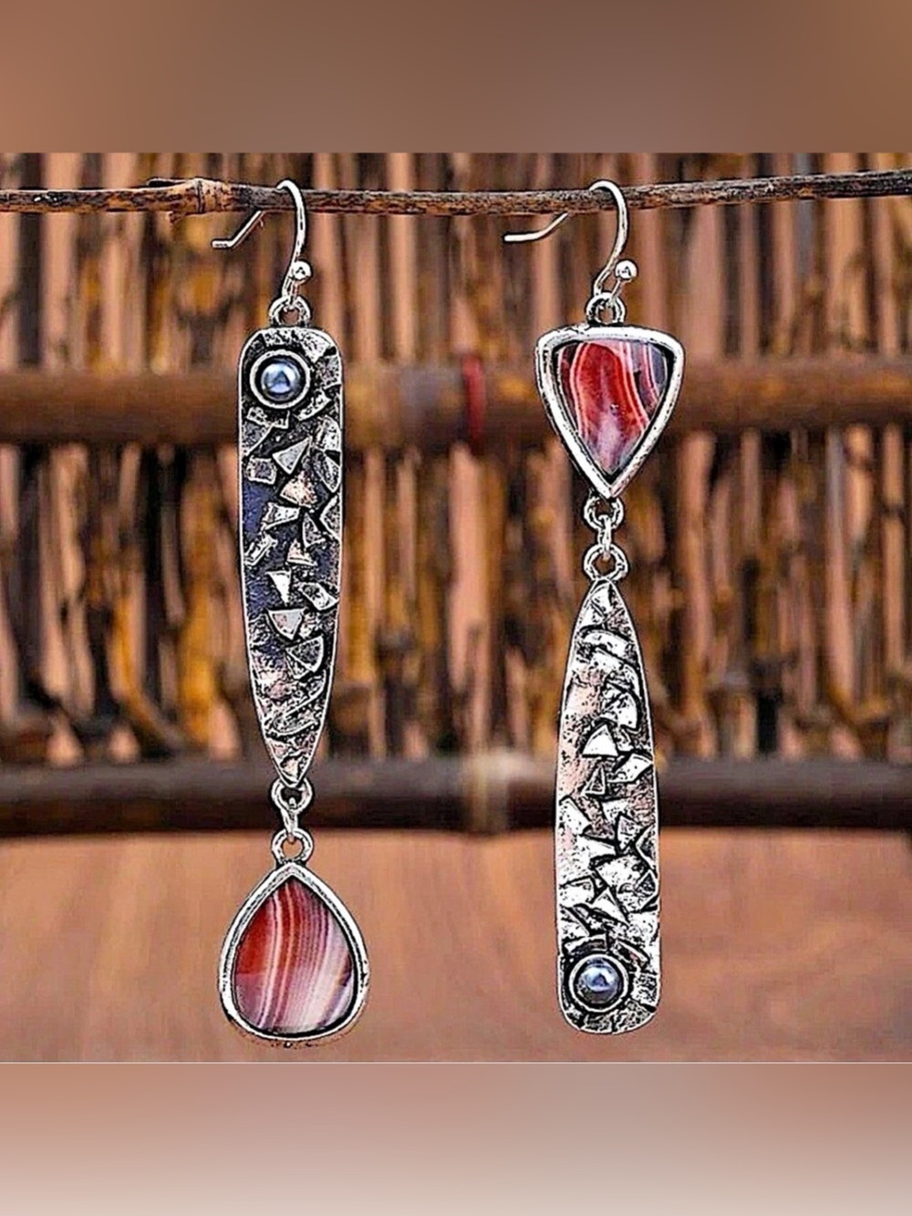 Antique Silver Asymmetric Dangle Earrings Boho Geometric Statement